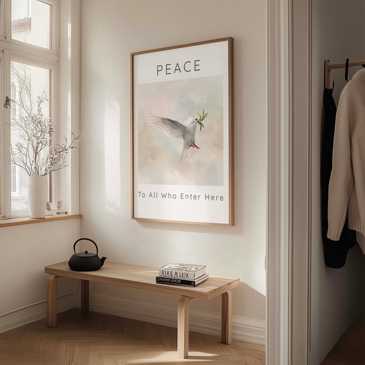 Peace To All Who Enter Here – Symbolic artwork featuring dove of peace and hope.