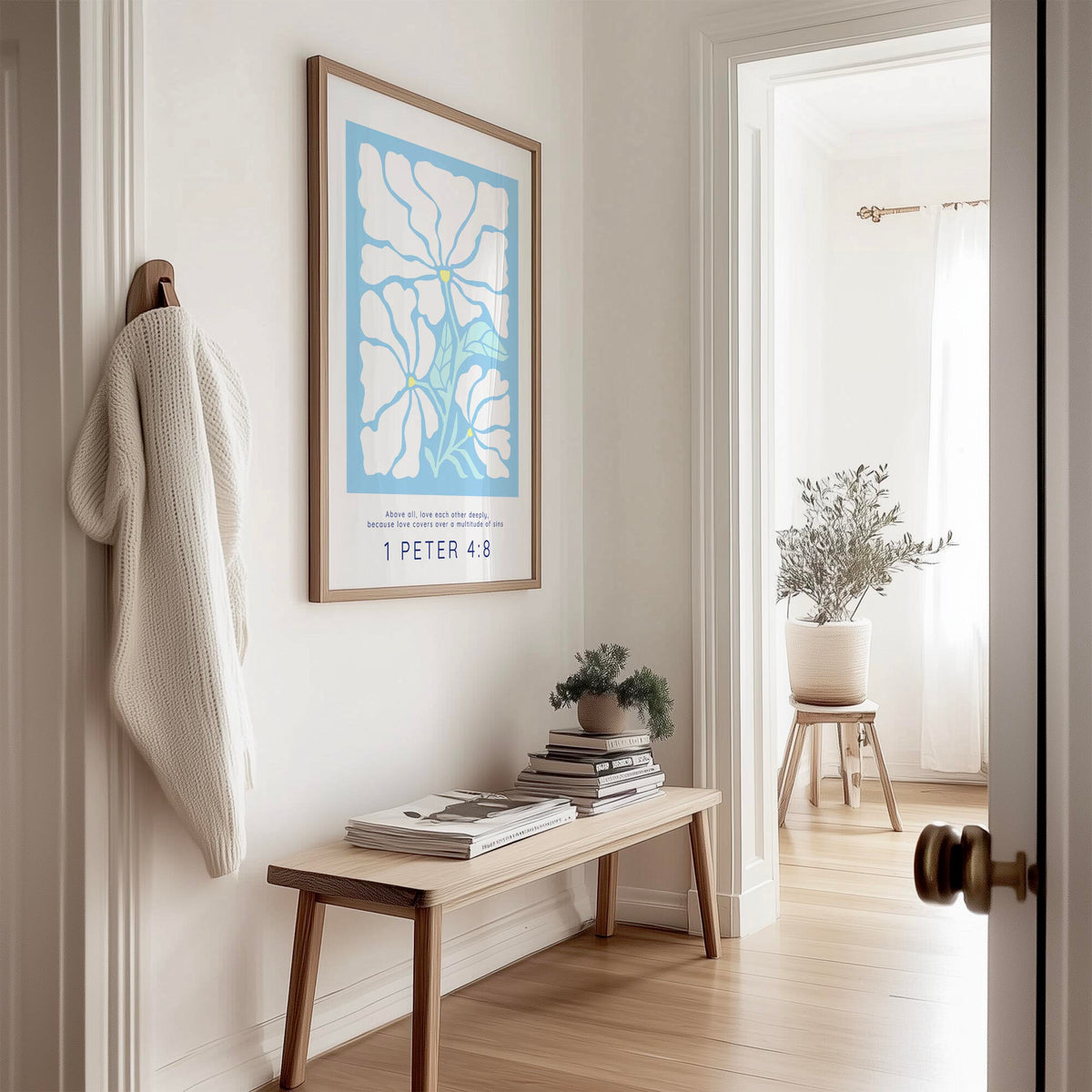 1 Peter 4:8 - Love covers a multitude of sins Christian wall art print with modern Matisse style flowers and soft blue home decor.