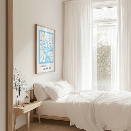 1 Peter 4:8 - Christian Bible verse wall art featuring Matisse inspired floral bouquet on light blue background with love covers a multitude of sins scripture.