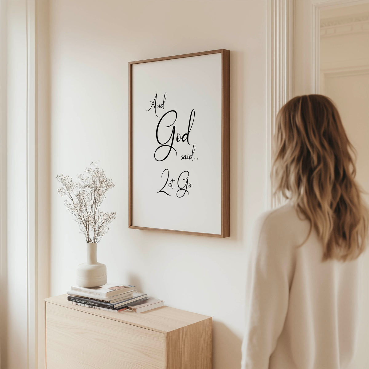 And God Said Let Go - Inspirational Christian quote wall art with simple black text, modern faith decor for reflective spaces.