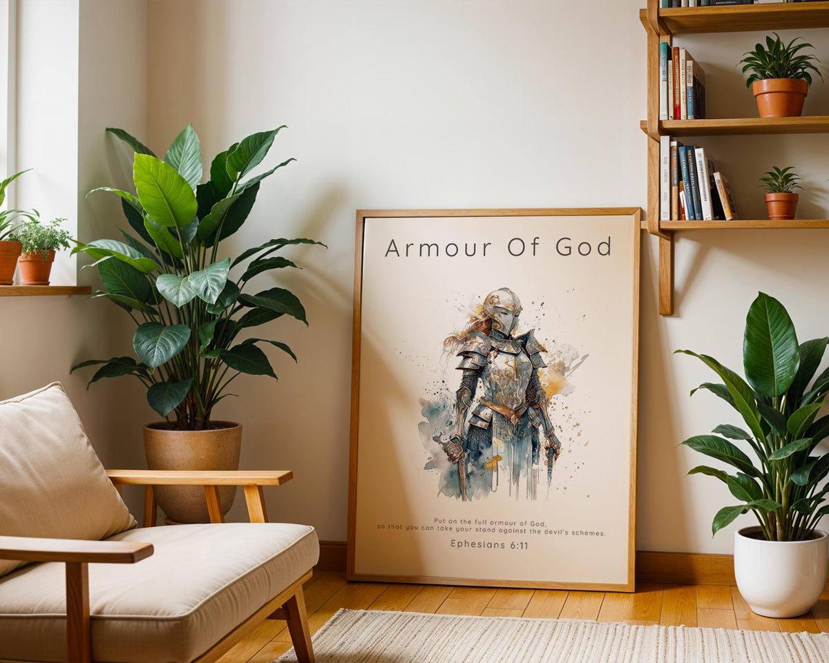 Ephesians 6:11 – Faith-based wall art symbolising spiritual strength and courage.