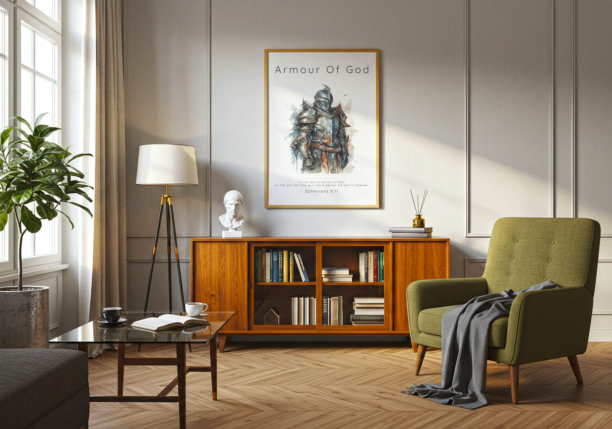 Ephesians 6:11 - Christian home decor print with powerful full armour design.