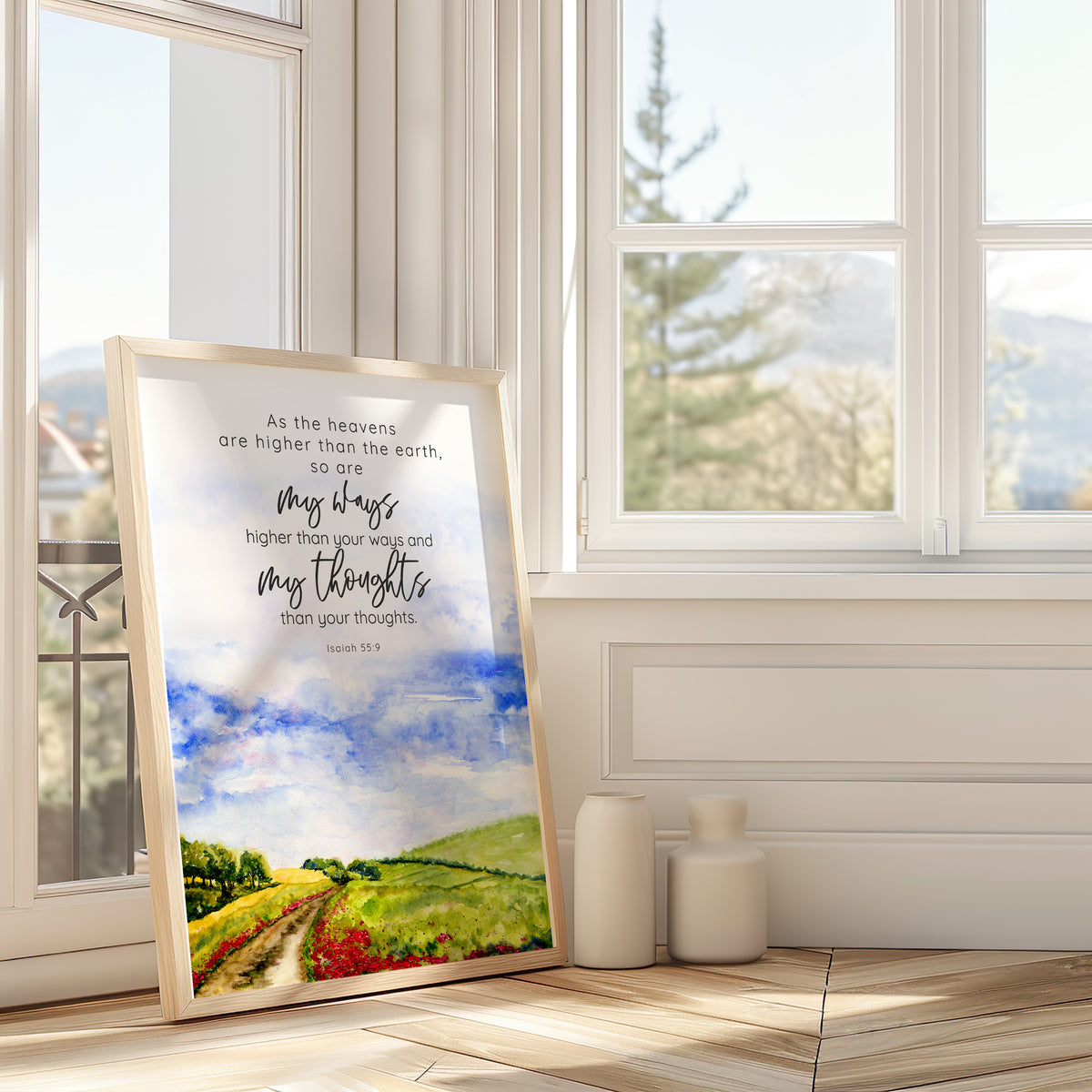 Isaiah 55:9 - Bible verse wall art As the heavens are higher than the earth with peaceful countryside path Christian home decor.