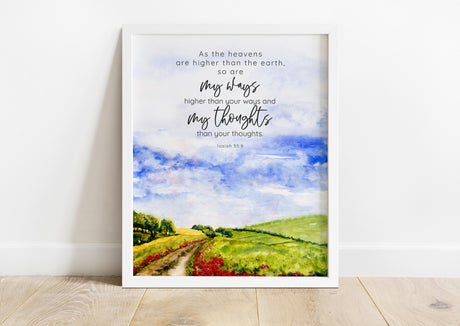 English countryside vista with spiritual quote, Reflective pathway artwork with biblical verse, Isaiah 55:9 verse print