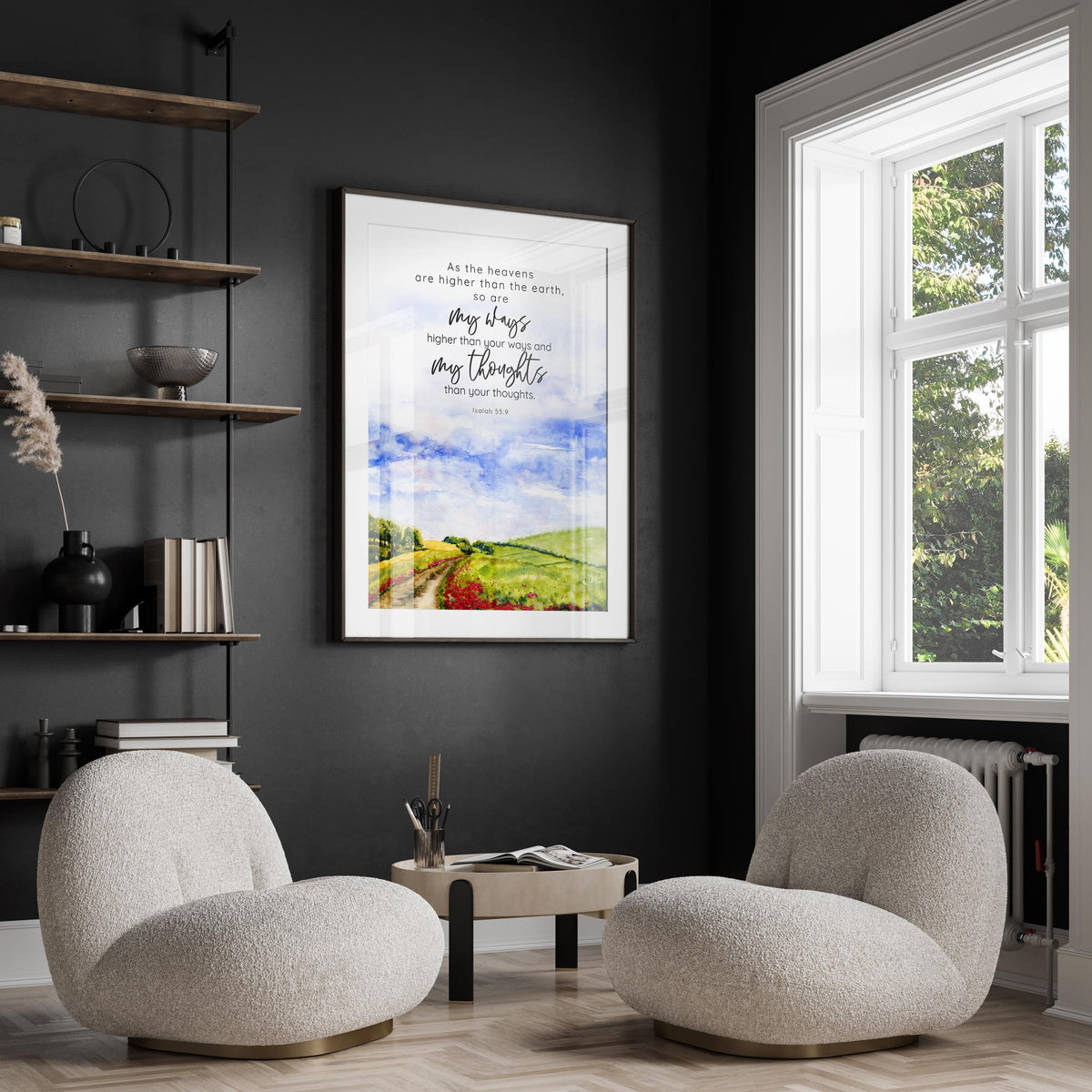 Isaiah 55:9 verse print for faith-filled homes, Divine guidance illustrated in landscape art, Landscape print with scripture
