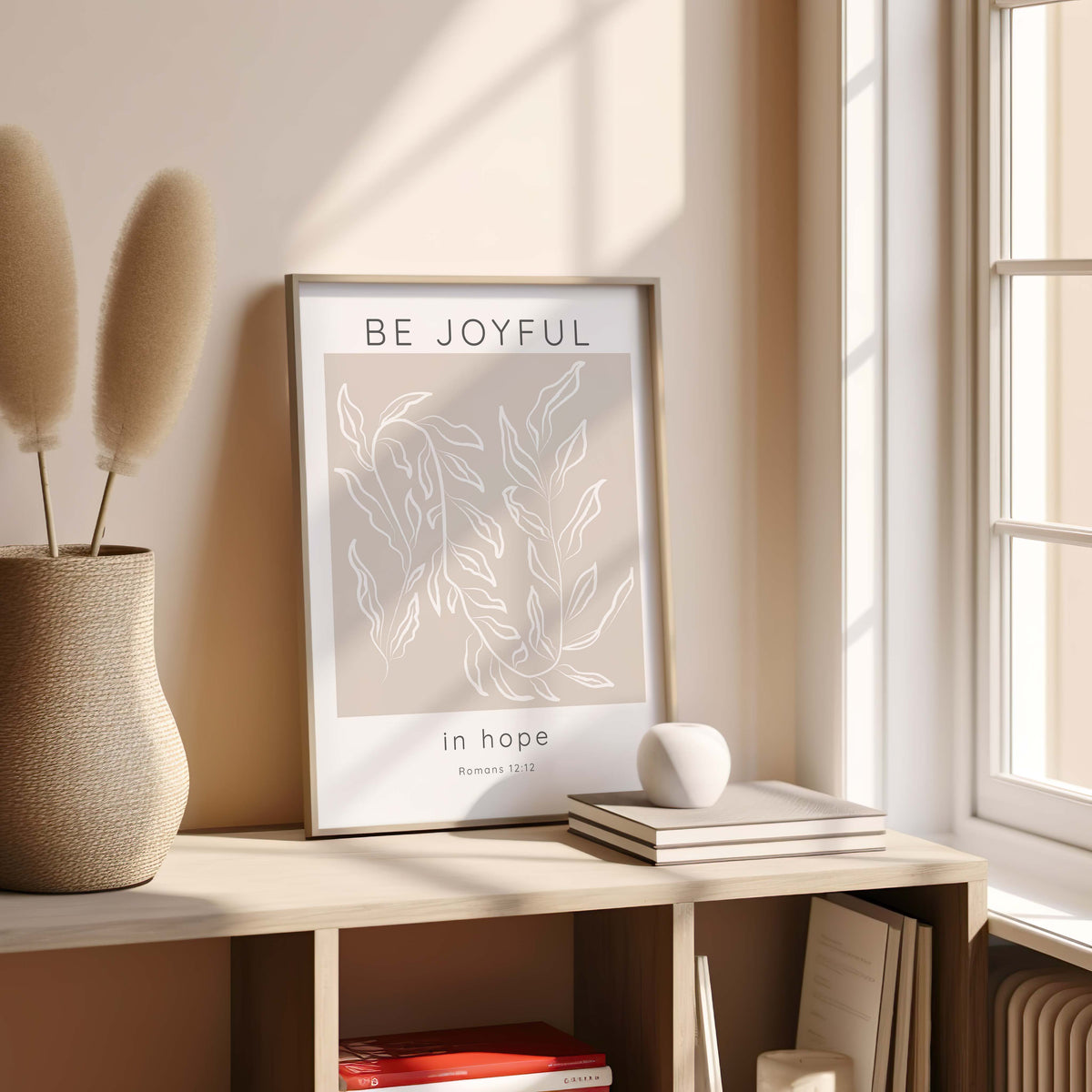 Romans 12:12 – Modern Christian wall art print in neutral tones with scripture encouraging joy and faith.