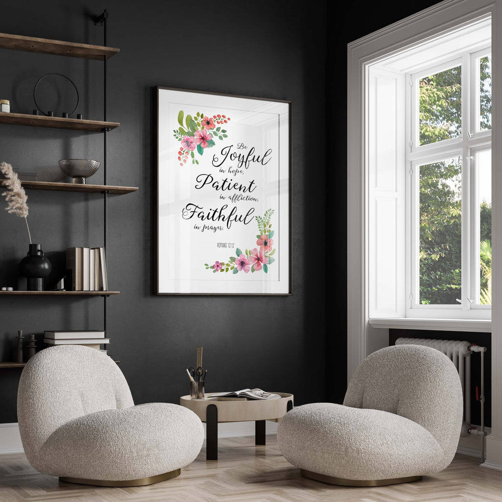 Hopeful Romans 12:12 wall hanging, Faith-filled Bible verse artwork, Encouraging prayer room decor