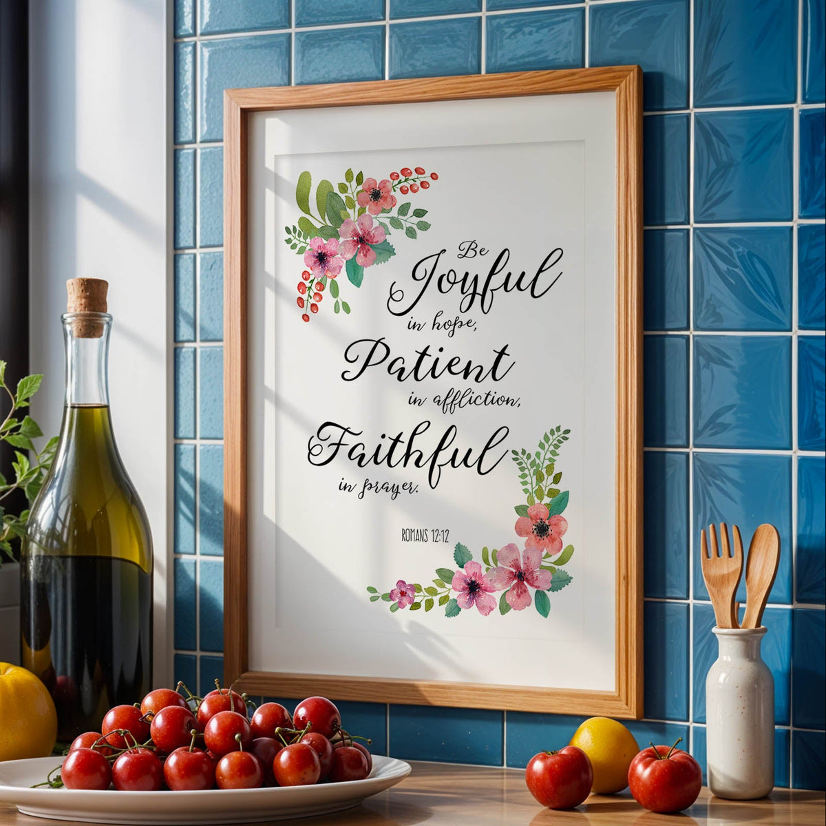 Romans 12:12 – Be joyful in hope Christian wall art with vibrant floral design and uplifting scripture.