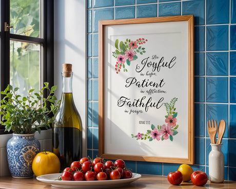 Romans 12:12 – Be joyful in hope Christian wall art with vibrant floral design and uplifting scripture.