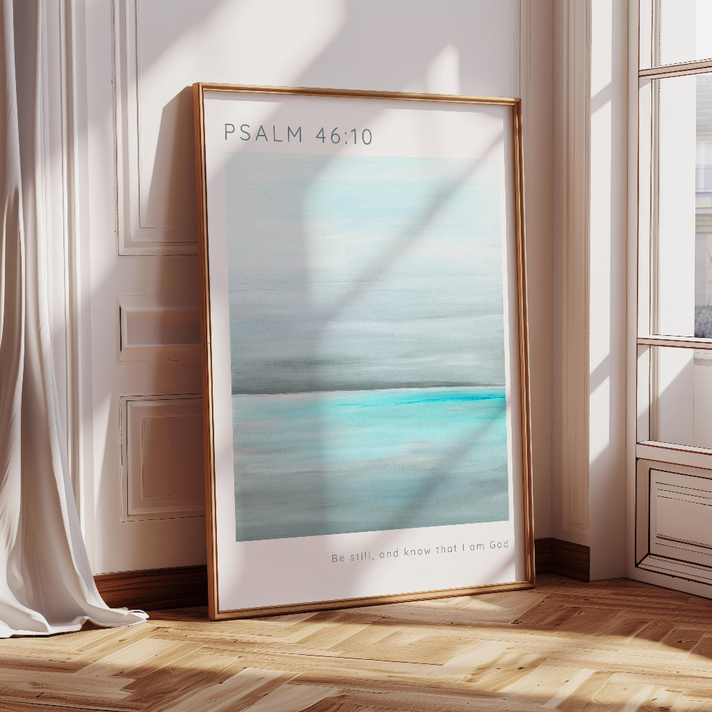 Psalm 46:10 - Be still and know Christian wall art print with calming turquoise seascape and Bible verse decor.