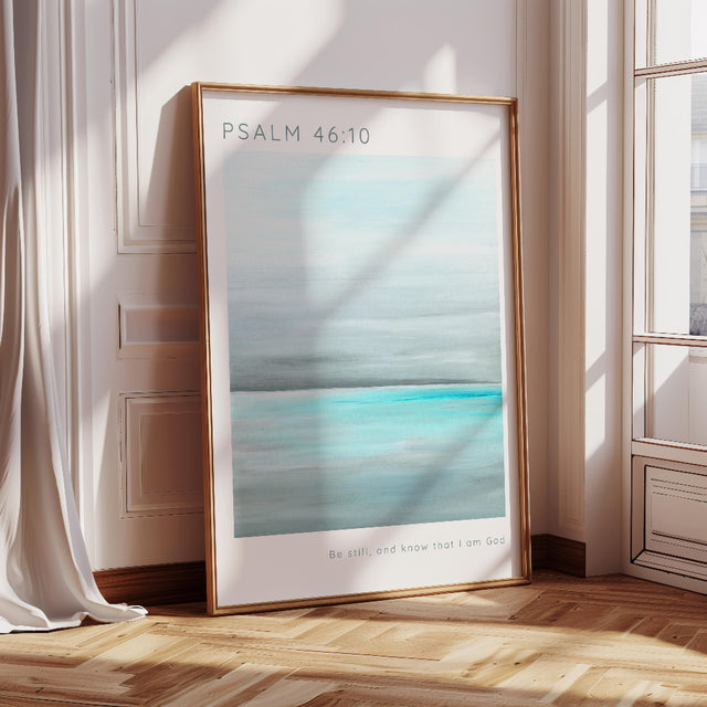 Psalm 46:10 - Be still and know Christian wall art print with calming turquoise seascape and Bible verse decor.