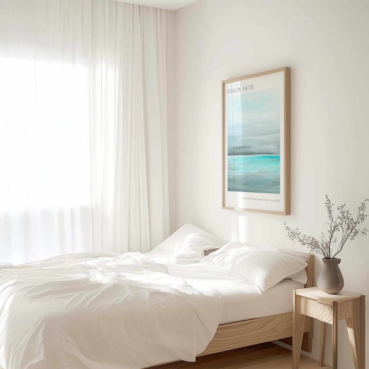 Psalm 46:10 - Be still and know Bible verse wall art print featuring peaceful ocean seascape in soothing blue tones.