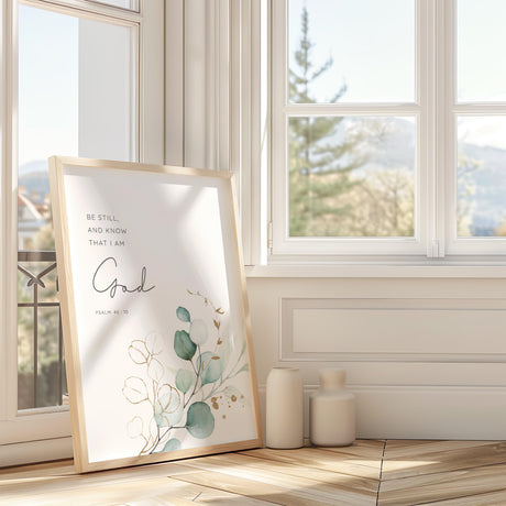 Psalm 46:10 - Be still Christian wall art with lush green botanical leaves, Bible verse decor for peaceful spaces.