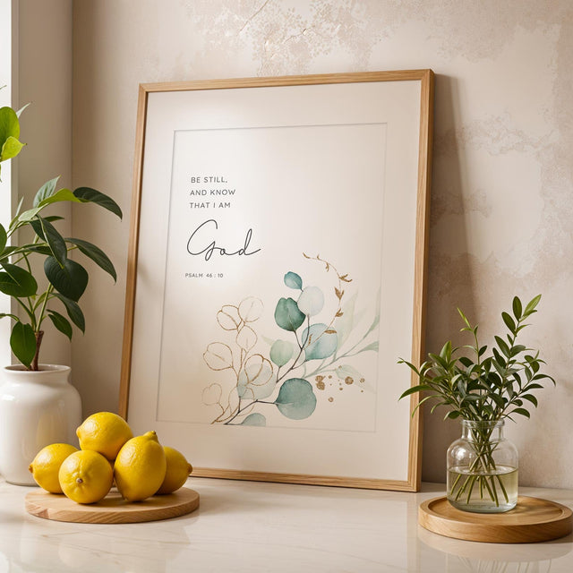 Psalm 46:10 - Be still and know that I am God Bible verse wall art featuring modern green botanical design.