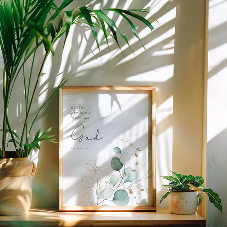 Psalm 46:10 - Christian wall art print with be still scripture and calming green leaf botanical illustration.