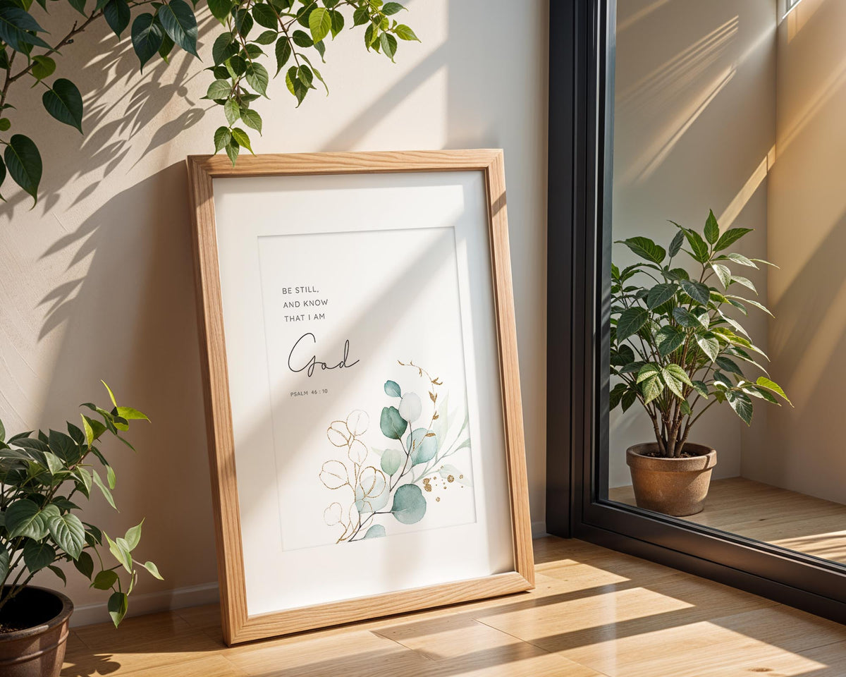 Psalm 46:10 - Be still Christian Bible verse wall art with modern botanical greenery, inspirational faith decor.