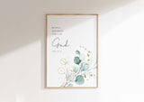 Psalm 46:10 - Be still and know Christian wall art with serene green botanical leaves, calming Bible verse faith decor.