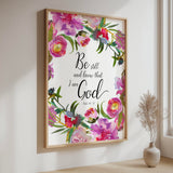 Psalm 46:10 - Be still and know scripture wall art with soft pink floral border, Christian home decor print.