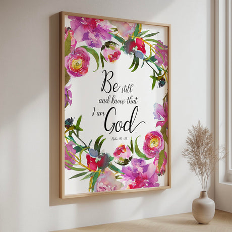 Psalm 46:10 - Be still and know scripture wall art with soft pink floral border, Christian home decor print.