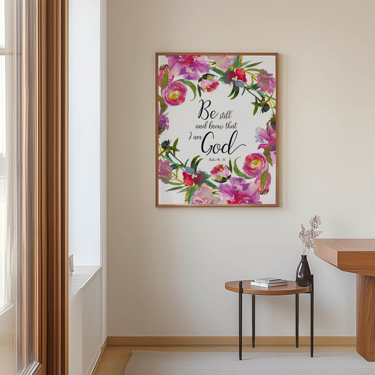 Psalm 46:10 - Be still and know that I am God Christian wall art print with delicate pink floral wreath, Bible verse decor.