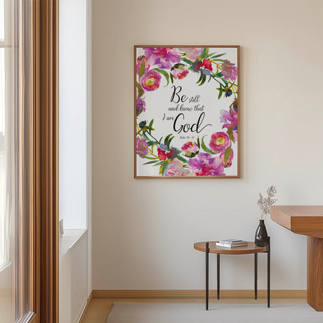 Psalm 46:10 - Be still and know that I am God Christian wall art print with delicate pink floral wreath, Bible verse decor.
