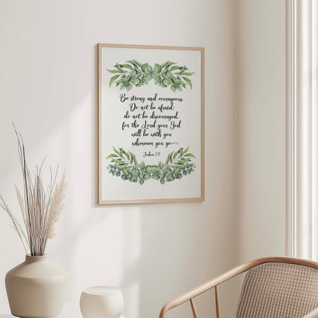 Joshua 1:9 – Be strong and courageous Christian wall art print with leaf wreath scripture.