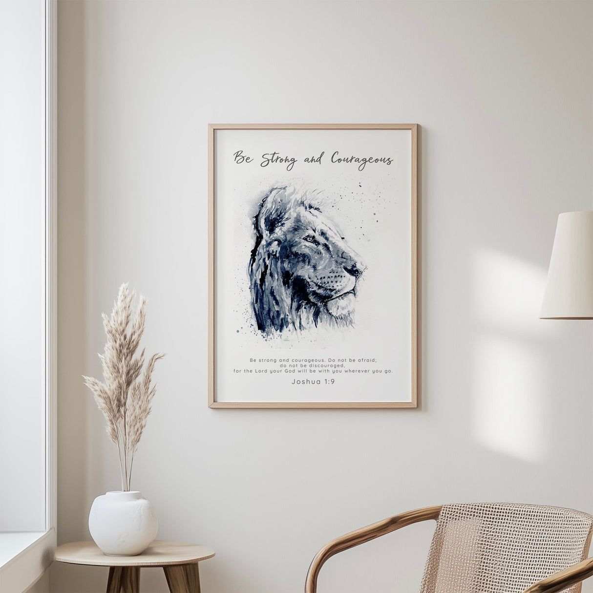 Joshua 1:9 – Watercolour lion artwork with Be Strong And Courageous verse.