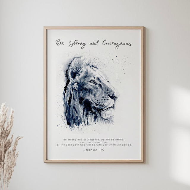 Joshua 1:9 – Watercolour lion artwork with Be Strong And Courageous verse.