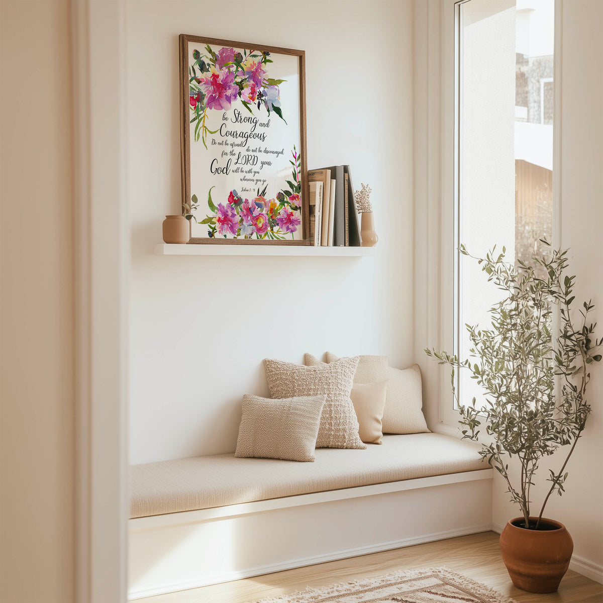 Joshua 1:9 - Christian Bible verse print featuring be strong and courageous text with gentle pink florals, faith wall art.