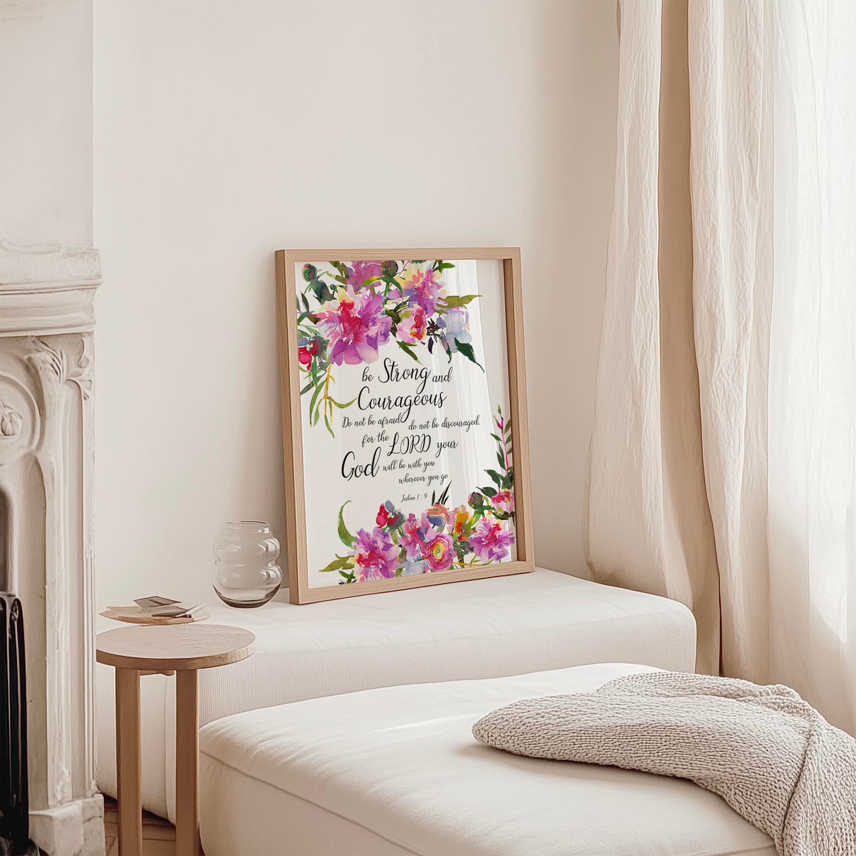 John 3:16 - Christian scripture wall art featuring for God so loved the world text surrounded by soft pink florals.