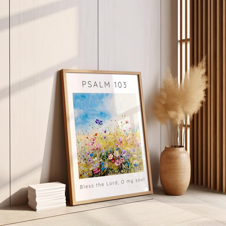 Psalm 103:1 – Christian wall art with floral meadow design.