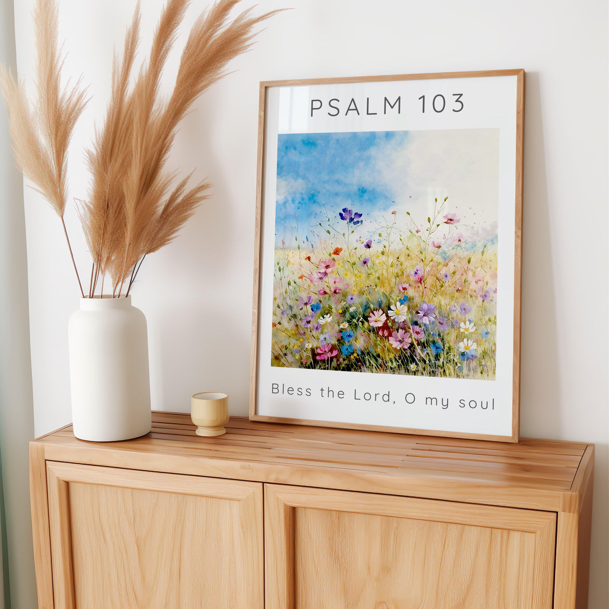 Psalm 103:1 – Bible verse print with uplifting meadow artwork.