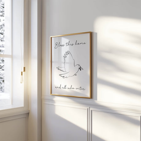 Bless This Home – Christian wall art with dove and olive branch line art symbolising peace, blessing and faith.