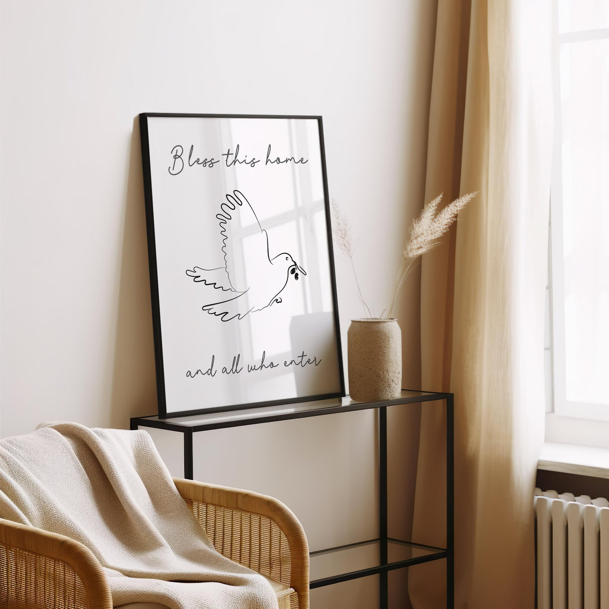 Bless This Home – Christian wall art print featuring minimalist dove illustration and blessing for the home.