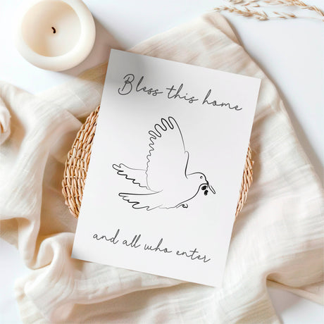 Bless This Home – Christian wall art A5 print with dove and olive branch, faith home decor for hallway or living room.