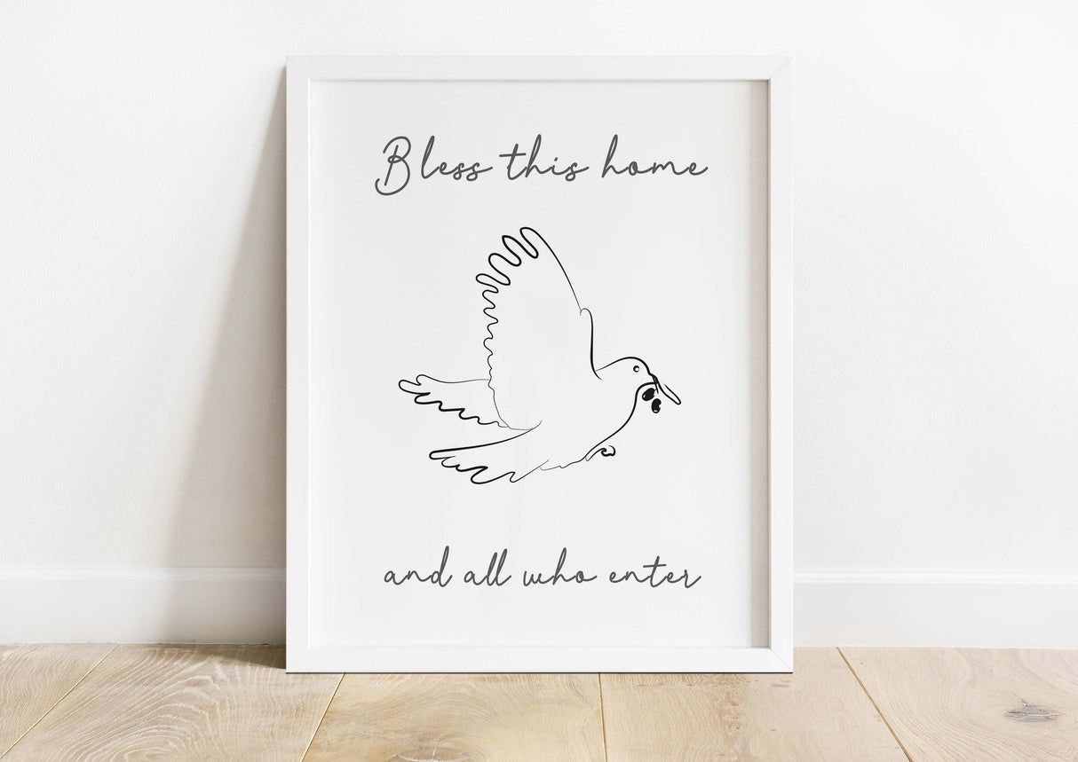 Bless This Home – Small Christian wall art print with dove and olive branch, thoughtful faith gift for new home.