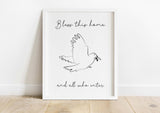 Bless This Home – Small Christian wall art print with dove and olive branch, thoughtful faith gift for new home.