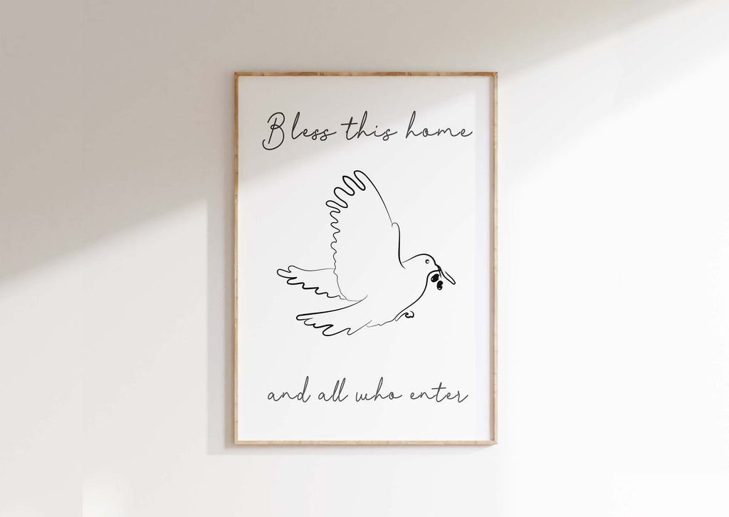 Bless This Home Christian Wall Art Print Entry Way Decor for Hallway, Christian home decor with dove print, dove line art
