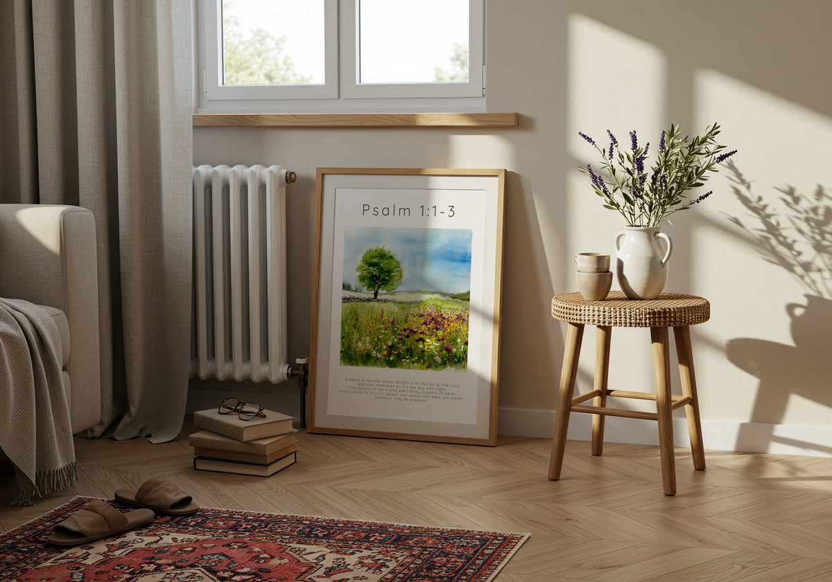 Psalm 1:1-3 – Scripture wall print symbolising strength and peace.