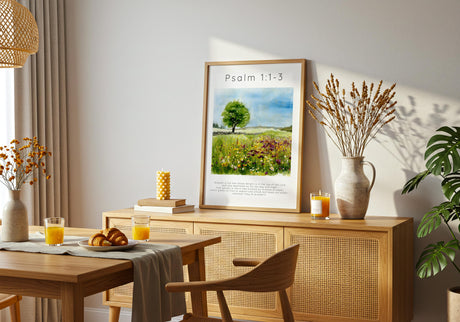 Psalm 1:1-3 – Elegant Christian decor for prayer or meditation space.