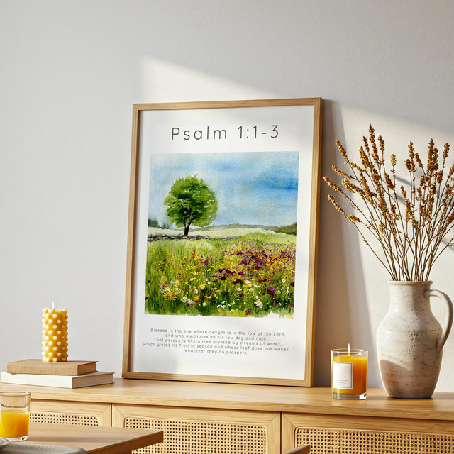 Psalm 1:1-3 – Elegant Christian decor for prayer or meditation space.