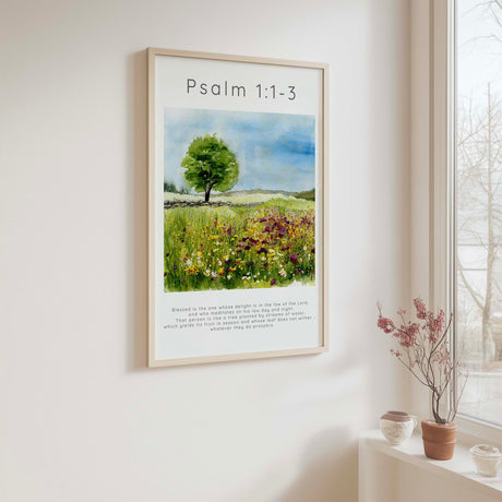 Psalm 1:1-3 – Nature inspired Bible verse print for home decor.