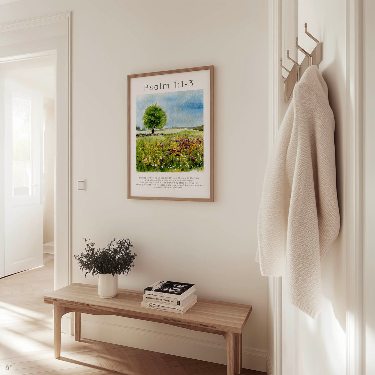 Psalm 1:1-3 – Faith based artwork featuring tree and soft neutral tones.