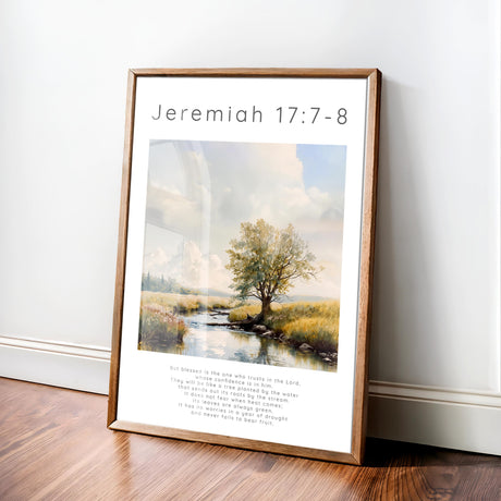 Jeremiah 17:7-8 – Tranquil countryside scene with Scripture quote.