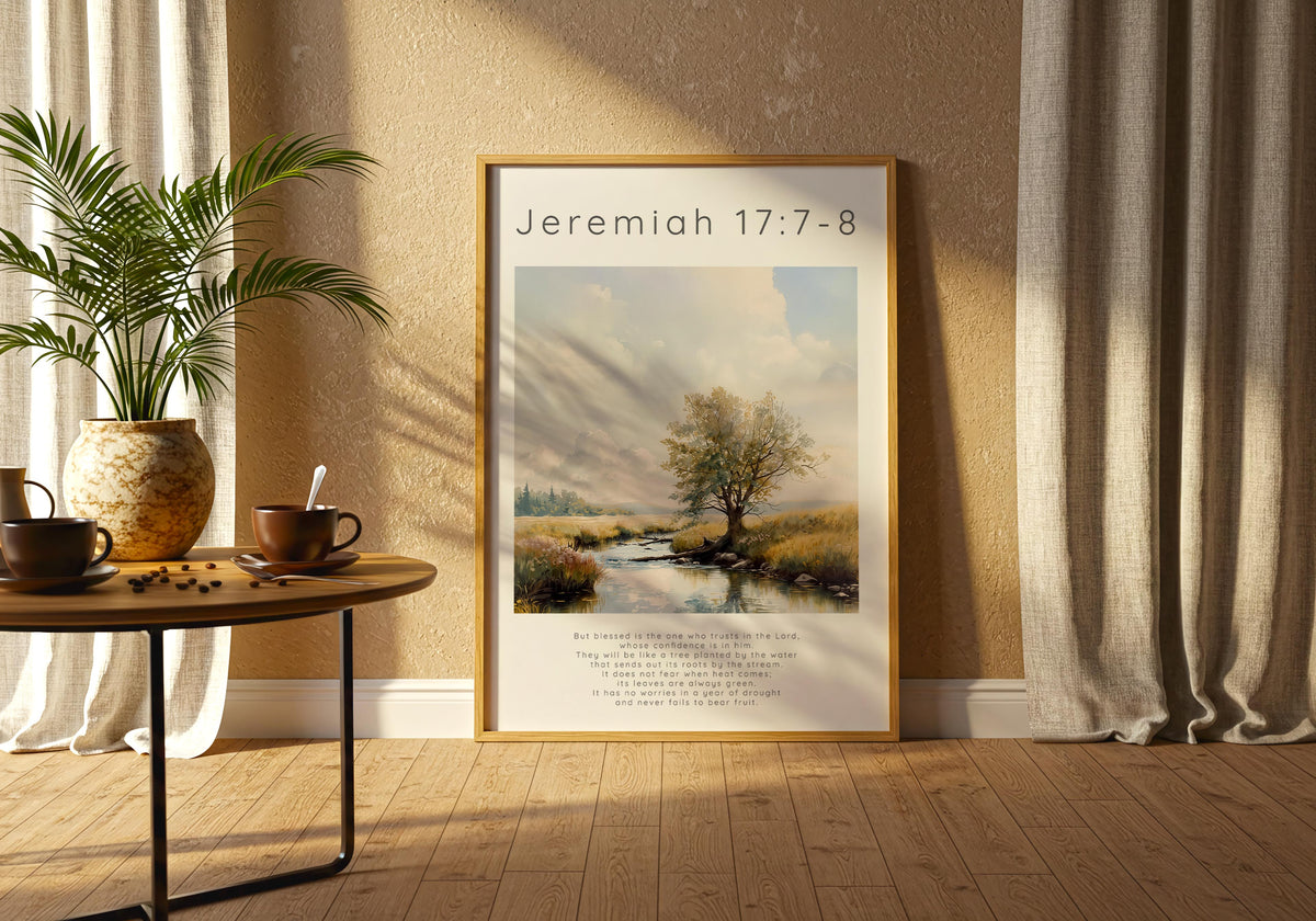 Jeremiah 17:7-8 – River and tree Christian home decor print.
