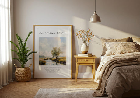 Jeremiah 17:7-8 – Bible verse art showing calm countryside landscape.