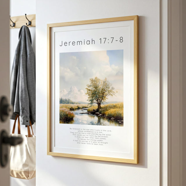Jeremiah 17:7-8 – Nature-inspired Scripture print with warm tones.