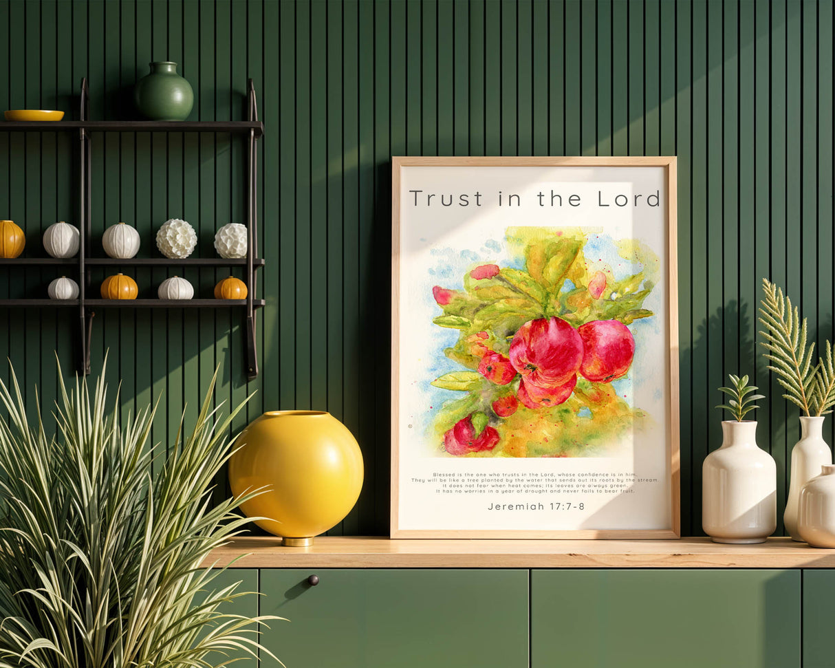 Jeremiah 17:7–8 – Trust in the Lord Christian wall art print with watercolour apple tree scripture decor.