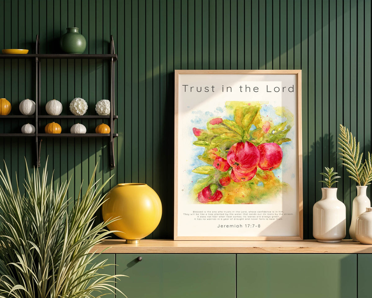Jeremiah 17:7–8 – Trust in the Lord Christian wall art print with watercolour apple tree scripture decor.