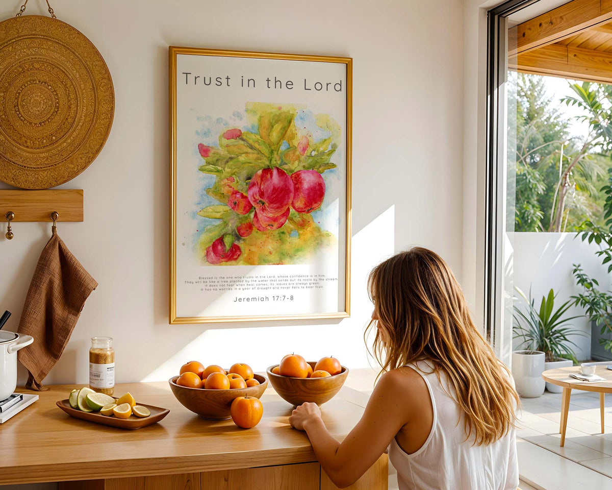 Jeremiah 17:7–8 – Bible verse print featuring apple tree illustration and faith inspired wall art.
